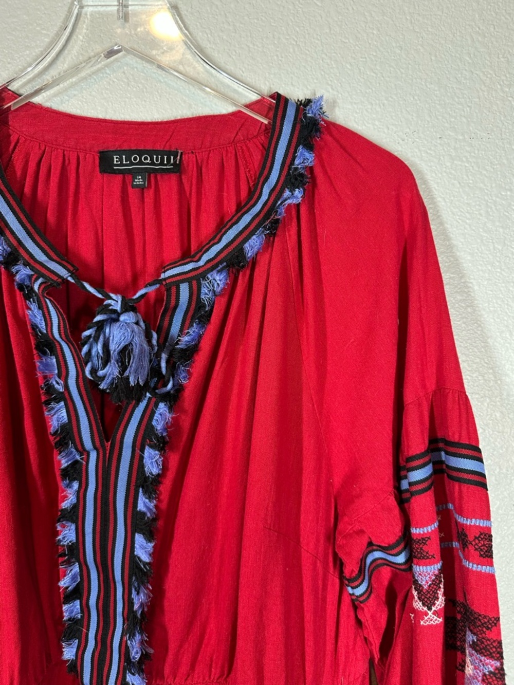 Eloquii Women's Plus Size 14 Red Maxi Dress with Blue Accent Trim & Embroidery - Picture 8 of 9